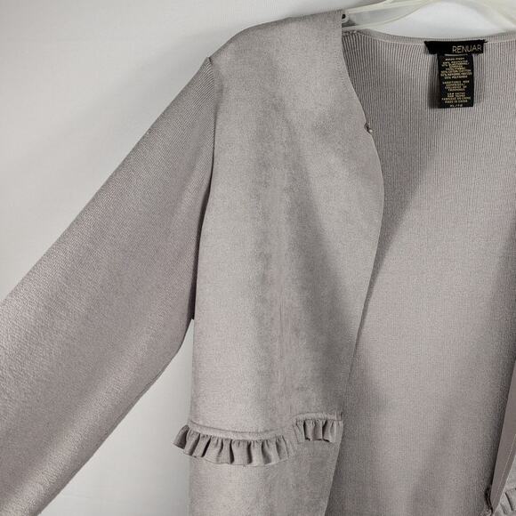 Renuar Womens XL Open Front Cardigan Gray Knit Suede Touch Ruffle Trim Duster - Picture 3 of 5